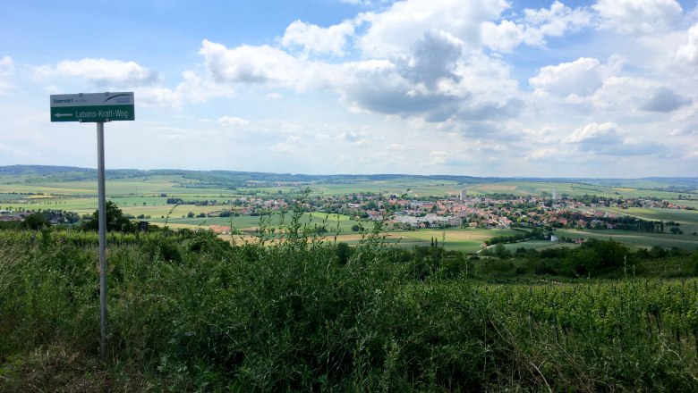 Fantastic panoramic view on the Köhlberg, © Marktgemeinde Ziersdorf Landscape with view of Ziersdorf and signpost 'Lebens-Kraft-Weg'.