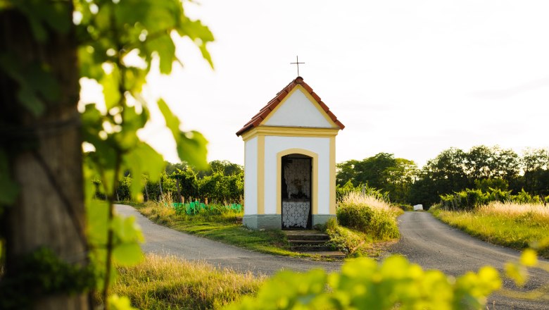 Landschaft, © Bernhard Kastner Kleine Kapelle an einem Weg in einer ländlichen Landschaft, umgeben von grünen Bäumen und Pflanzen.