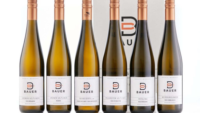 Weinsortiment, © R. Podolsky Sechs Weinflaschen der Marke Bauer vor einem Karton.