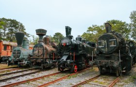 Eisenbahnmuseum Strasshof, © Weinviertel Tourismus / Nadine Christine Alte Dampflokomotiven im Freien auf Schienen im Eisenbahnmuseum Strasshof.
