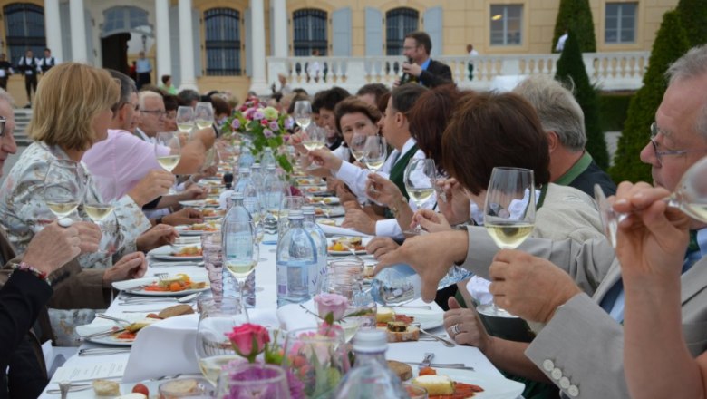 Tafeln im Weinviertel, © Weinviertel Tourismus GmbH Menschen bei einem festlichen Essen im Freien, mit Wein und gedecktem Tisch.