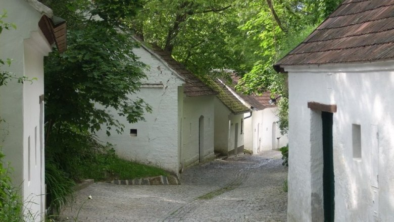 Weinviertler Kellergassenkulinarium, © D`Raschalaer Köllamauna Kopfsteinpflasterstraße mit weißen Häusern und grünen Bäumen.