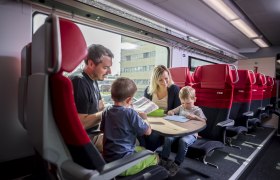 Zug, © WTG / Herbst Eine Familie sitzt in einem Zugabteil der ÖBB und beschäftigt sich mit Büchern und Spielen.