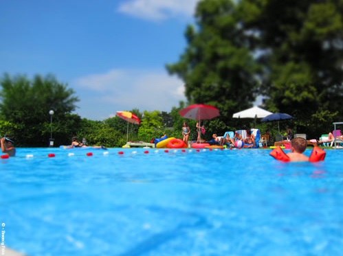 Matzen forest pool, © Marktgemeinde Matzen-Raggendorf F. Brennig People relax in the Matzen forest pool with parasols and floating tires.