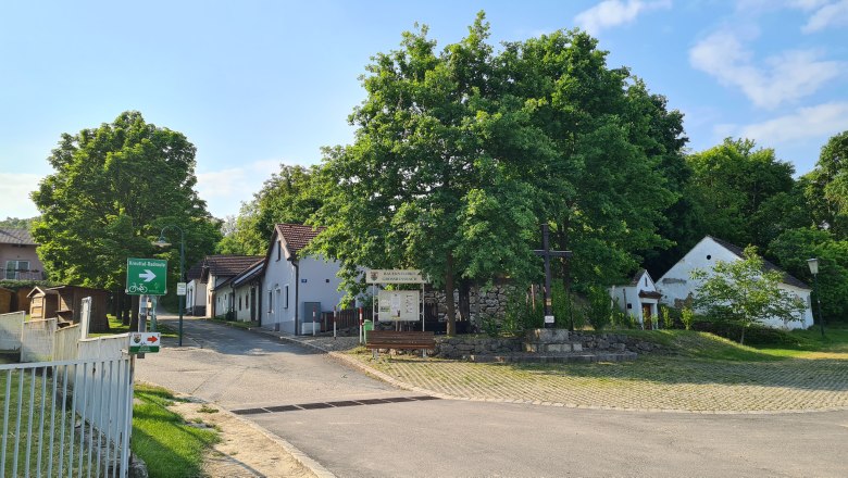 Farmers' market in the wine cellar lane, © Paul Gepp Farmers' market Großrußbach with trees and houses in the background.