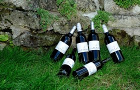 Wein, © Seher Sechs Weinflaschen auf Gras vor einer Steinmauer.