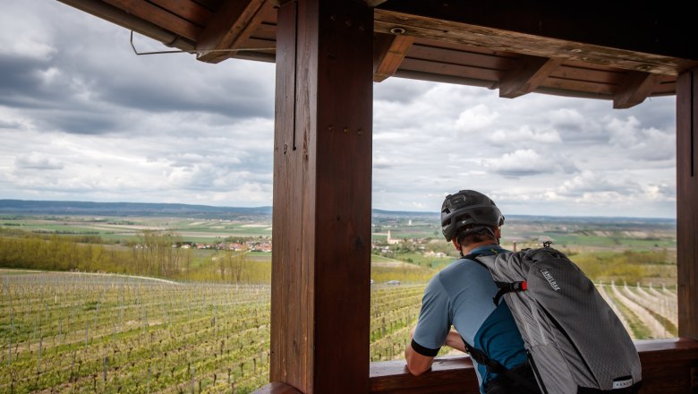 Aussicht über das Retzer Land, © Erwin Haiden Person mit Fahrradhelm blickt von einem Holzpavillon auf Weinberge und Landschaft im Retzer Land.