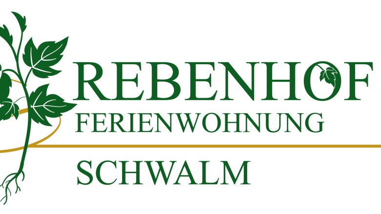 Logo, © Familie Schwalm Logo des Rebenhofs mit grünen Blättern und Schriftzug 'Rebenhof Ferienwohnung Schwalm'.