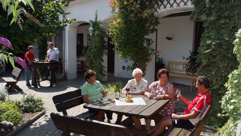 Arkadenhof-Heuriger, © Seymannfilm Menschen sitzen an einem Tisch im Freien und genießen Getränke in einem begrünten Innenhof.