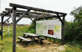 Radlerrast am Reipersberg, © Weinstraße Weinviertel Radlerrastplatz mit Holztisch und Infotafel an der Weinstraße im Weinviertel.