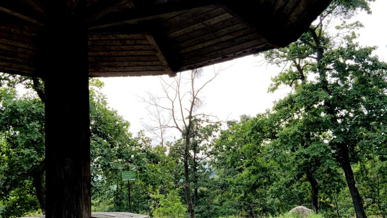 Parapluie on the Parapluieberg, © Max Filipsky Wooden canopy in the forest with bench and green grass.