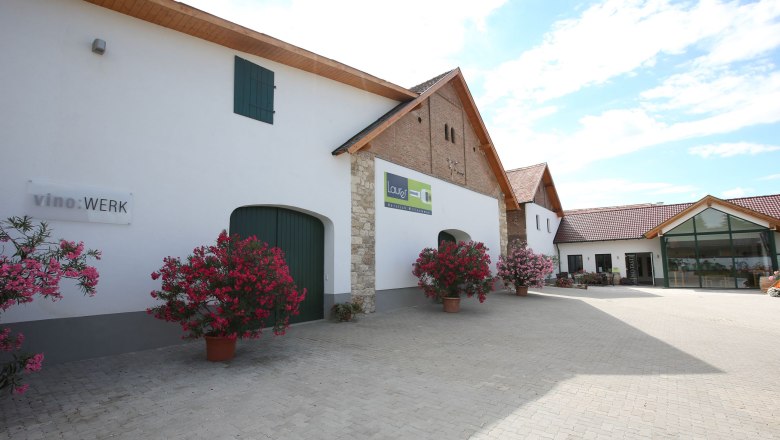 The wine cellar, © Helge Woell Exterior view of a wine cellar with white walls, green doors and flowering oleander bushes.