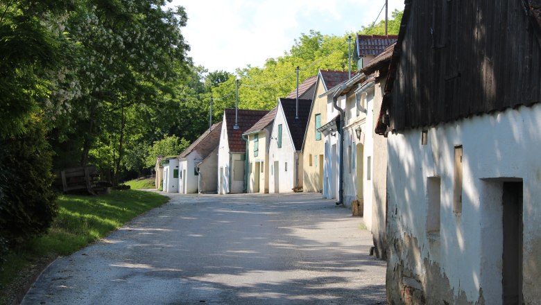 Kellergasse Altlichtenwarth, © Weinviertel Tourismus Reihe von Weinkellern in einer ländlichen Straße mit Bäumen im Hintergrund.