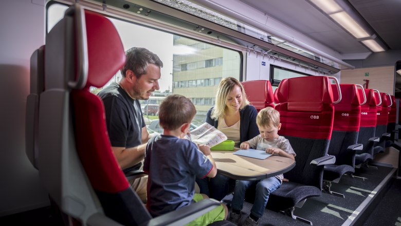 Zug, © Weinviertel Tourismus GmbH / Herbst Eine Familie sitzt in einem Zugabteil der ÖBB und beschäftigt sich mit Büchern und Spielen.