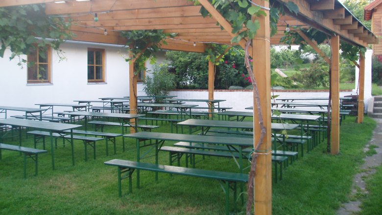 Laube, © Fam. Wallig Ein Biergarten mit Holzbänken und Tischen unter einer Pergola mit Weinreben.