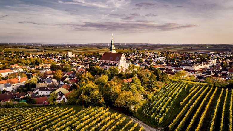 Die Weinstadt Poysdorf, © Robert Herbst Luftaufnahme einer Stadt mit Kirche und Weinbergen im Vordergrund.