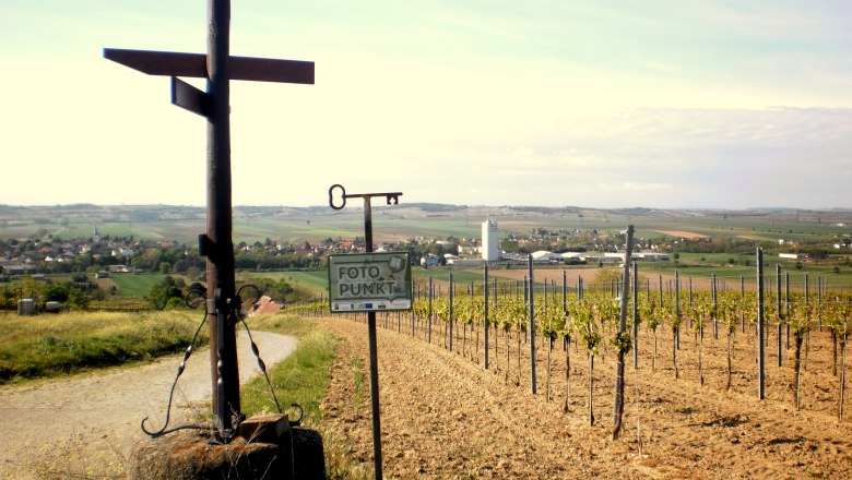 Aussicht auf Haugsdorf, © Marktgemeinde Haugsdorf Blick auf Haugsdorf mit Weinbergen und einem Fotopunkt-Schild im Vordergrund.