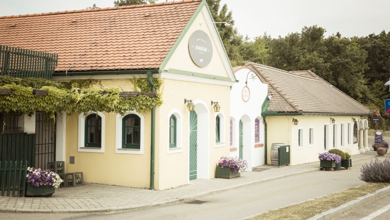 Exterior view, © Amethystheuriger Exterior view of a traditional wine tavern with a yellow façade and red roof tiles, surrounded by plants.