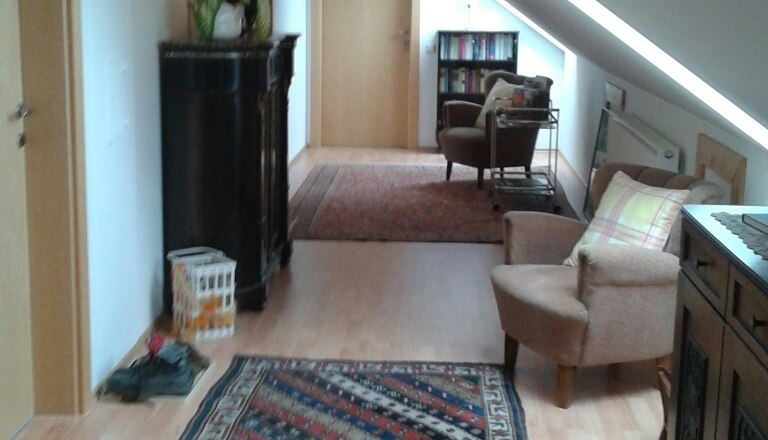 Gang, © © Bianca Waysmayer Ein gemütlicher Dachgeschossflur mit Teppich, Pflanzen und Möbeln.