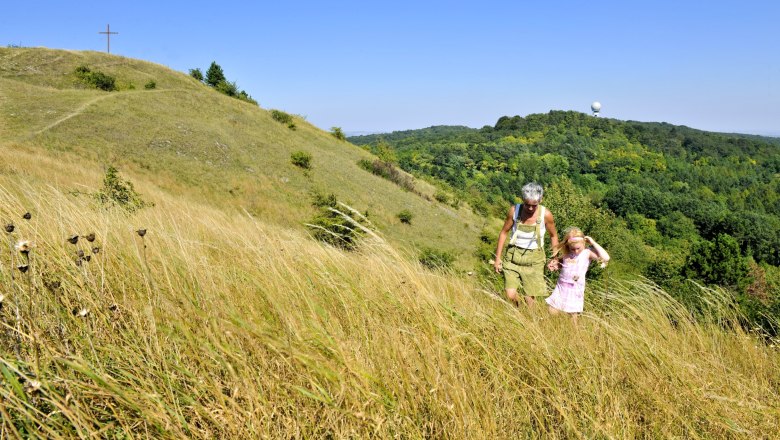 Steppe grassland, © Naturpark Leiser Berge A person and a child are walking through tall grass on a hill with a cross in the background.