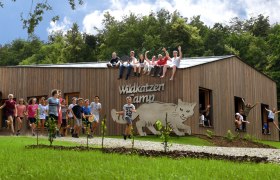 Wildkatzen Camp, © Nationalpark Thayatal / C.Milek Eine Gruppe von Kindern und Erwachsenen sitzt auf einem Holzgebäude mit der Aufschrift 'Wildkatzen Camp'. Einige Kinder stehen und springen davor.