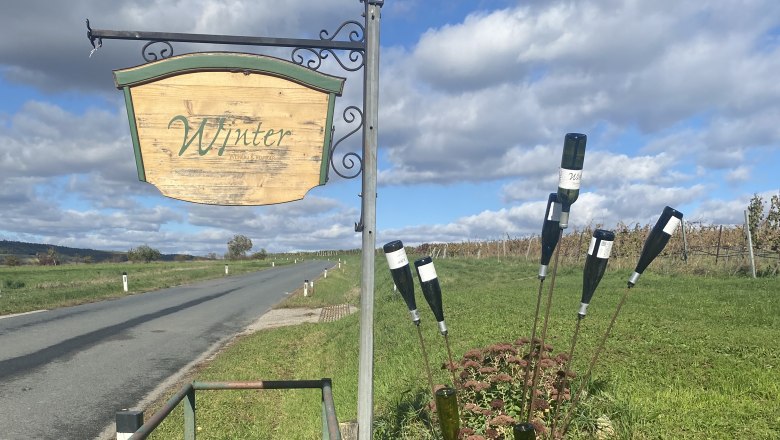 A warm welcome, © Cathy Winter A wooden sign saying 'Winter' stands at the side of the road next to a meadow with flowers and bottles as decoration.