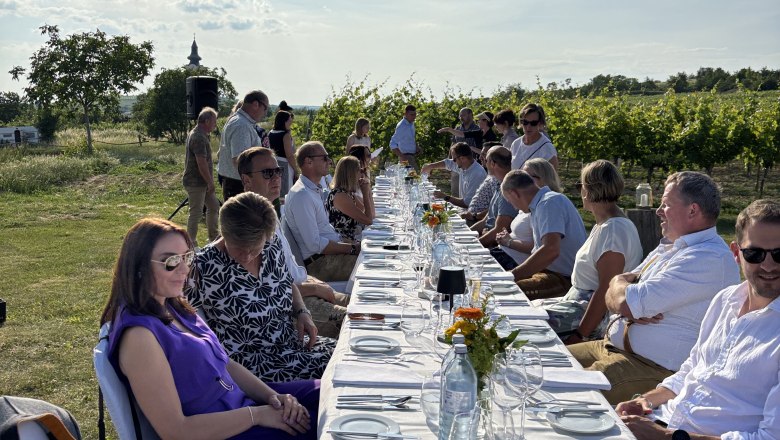 Tafeln im Weinviertel, © Weinviertel Tourismus GmbH Menschen sitzen an einem langen Tisch im Freien neben einem Weinberg.
