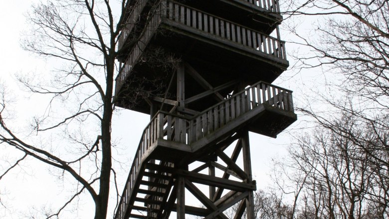 Unterolberndorf observation tower, © Christian Perschl Wooden lookout tower in the forest with bare trees.