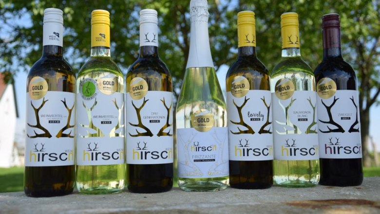 Weinsortiment, © Wein:Hirsch Sechs Weinflaschen der Marke Hirsch auf einem Tisch im Freien.