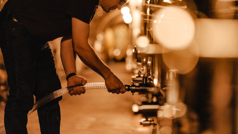 Roman bei der Arbeit, © Michael Reidinger Person arbeitet in einem Weinkeller mit Tanks.