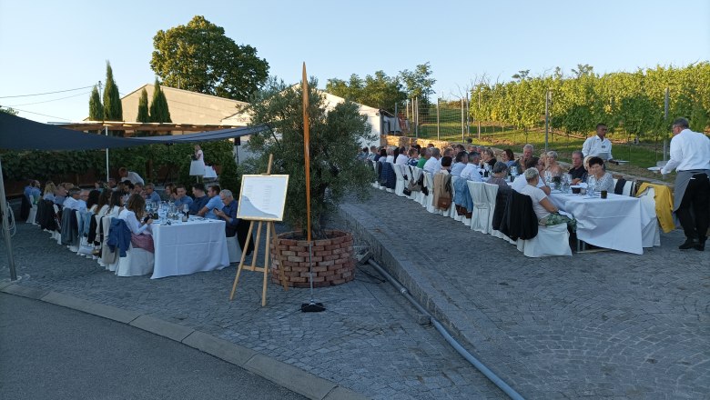 Tafeln im Weinviertel, © Weinviertel Tourismus GmbH Menschen sitzen an langen Tischen im Freien bei einem Abendessen in einem Weinberg.