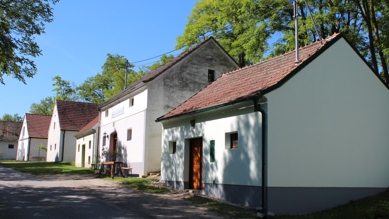 Kellergasse Fuchsenweg, © Weinviertel Tourismus Reihe von traditionellen Weinkellern in einer ländlichen Umgebung mit Bäumen und blauem Himmel.