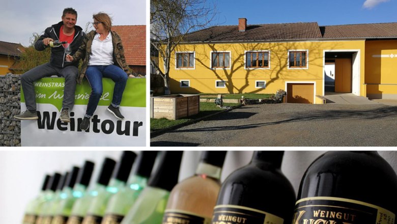 Weingut Kugler, © Weingut Kugler Collage mit Weingut, Weinflaschen und zwei Personen auf einem Schild sitzend.