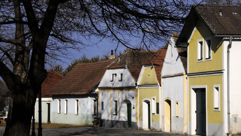 Kellergasse Nappersdorf, © Weinviertel Tourismus / Mandl Eine Reihe traditioneller Weinkeller in der Kellergasse Nappersdorf, umgeben von kahlen Bäumen und blauem Himmel.