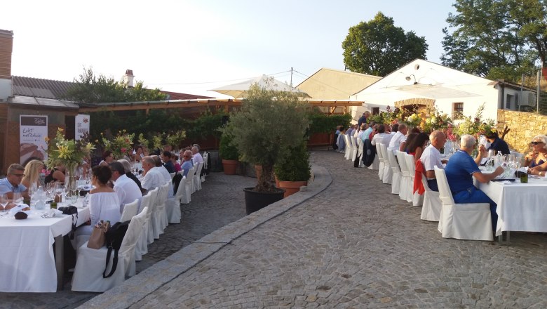 Tafeln im Weinviertel, © Weinviertel Tourismus GmbH Menschen sitzen an langen, festlich gedeckten Tischen im Freien.