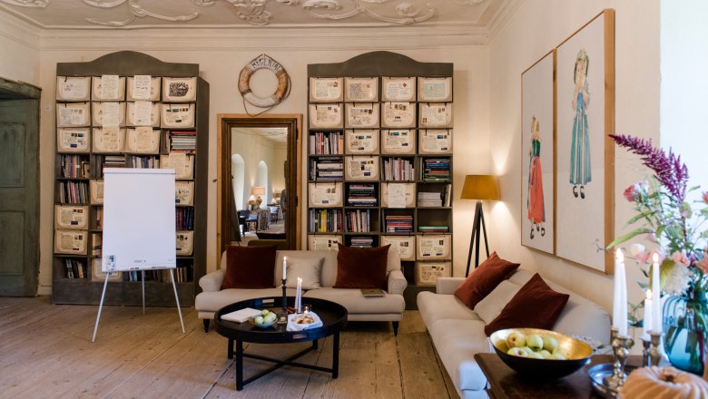 Gemütlicher Raum mit Sofas, Bücherregalen und Dekorationen.