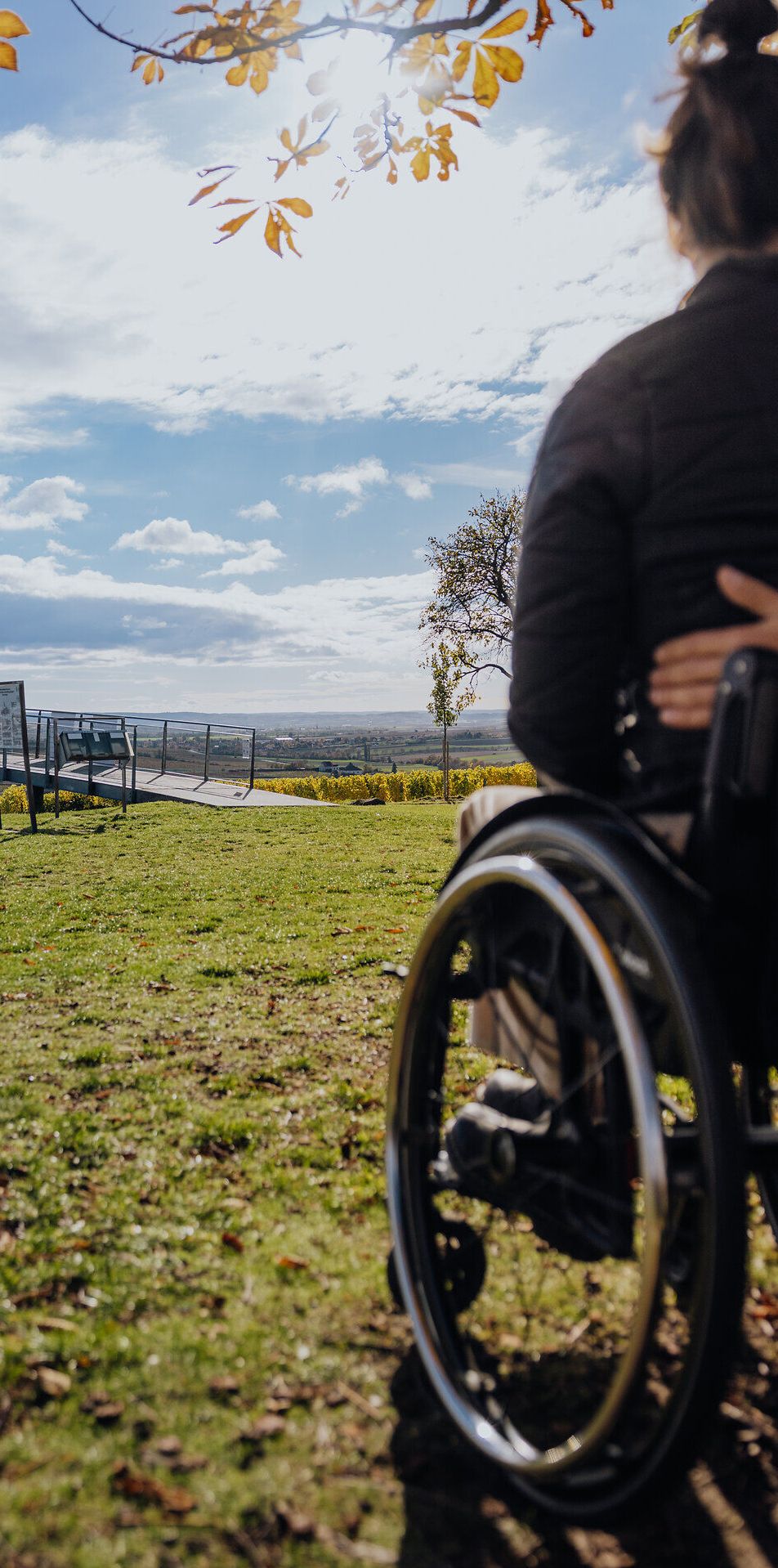 Eine Frau im Rollstuhl genießt den Ausblick auf die Weinviertler Landschaft. Das Landschaftsbild ist herbstlich gefärbt.