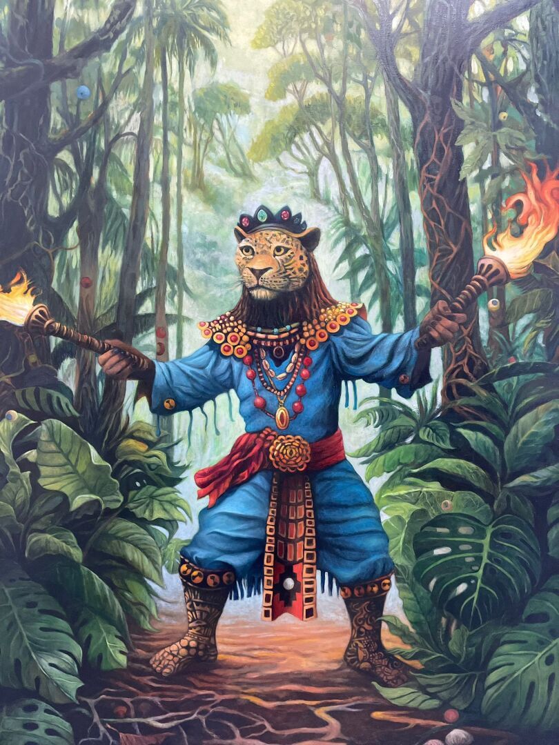 Ein Gemälde eines Tigers in einem blauen Gewand, der zwei Kehlen im Wald hält
