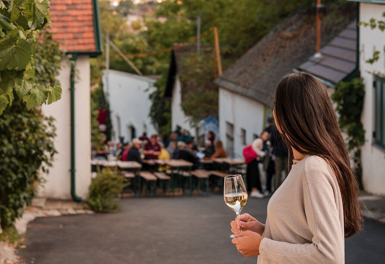 Eine Frau steht mit einem Glas Weißwein in der Hand in einer Kellergasse und betrachtet das gesellige Treiben, das im Rahmen des Kellergassenfestes herrscht.