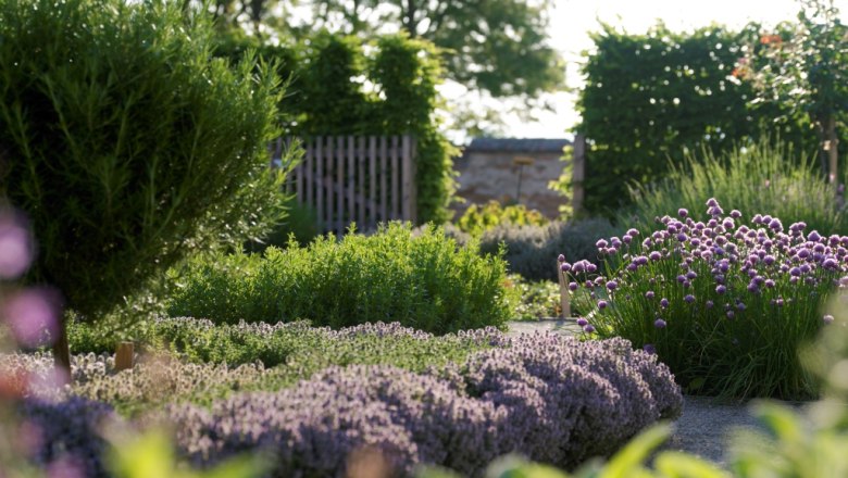 A well-tended herb garden with blooming lavender and chives in the foreground, surrounded by green hedges and trees.