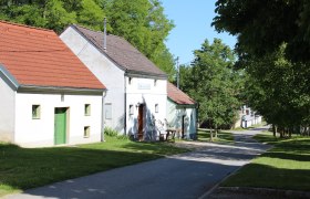 Eine ruhige Straße mit traditionellen Häusern und grünen Bäumen an einem sonnigen Tag.