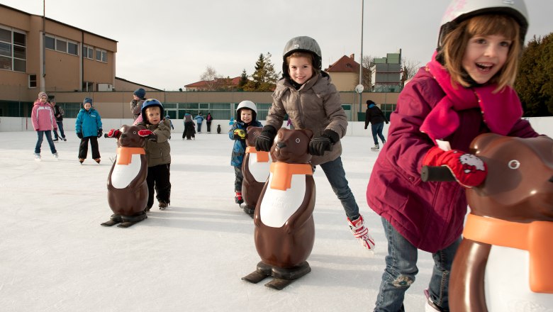 Kinder beim Schlittschuhlaufen mit Pinguin-Hilfen auf einer Eisbahn.