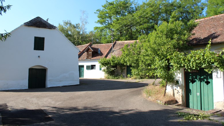 Traditionelle Weinkeller in einer ländlichen Umgebung mit Bäumen und blauem Himmel.