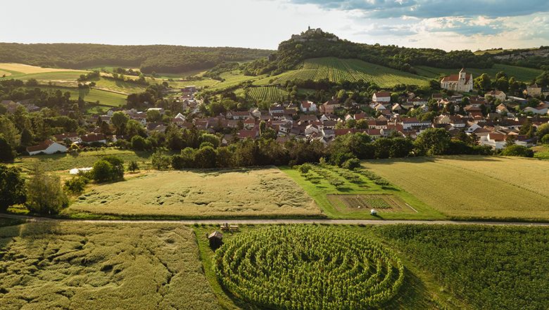 Aerial view of a village with fields and a castle on a hill in the background.