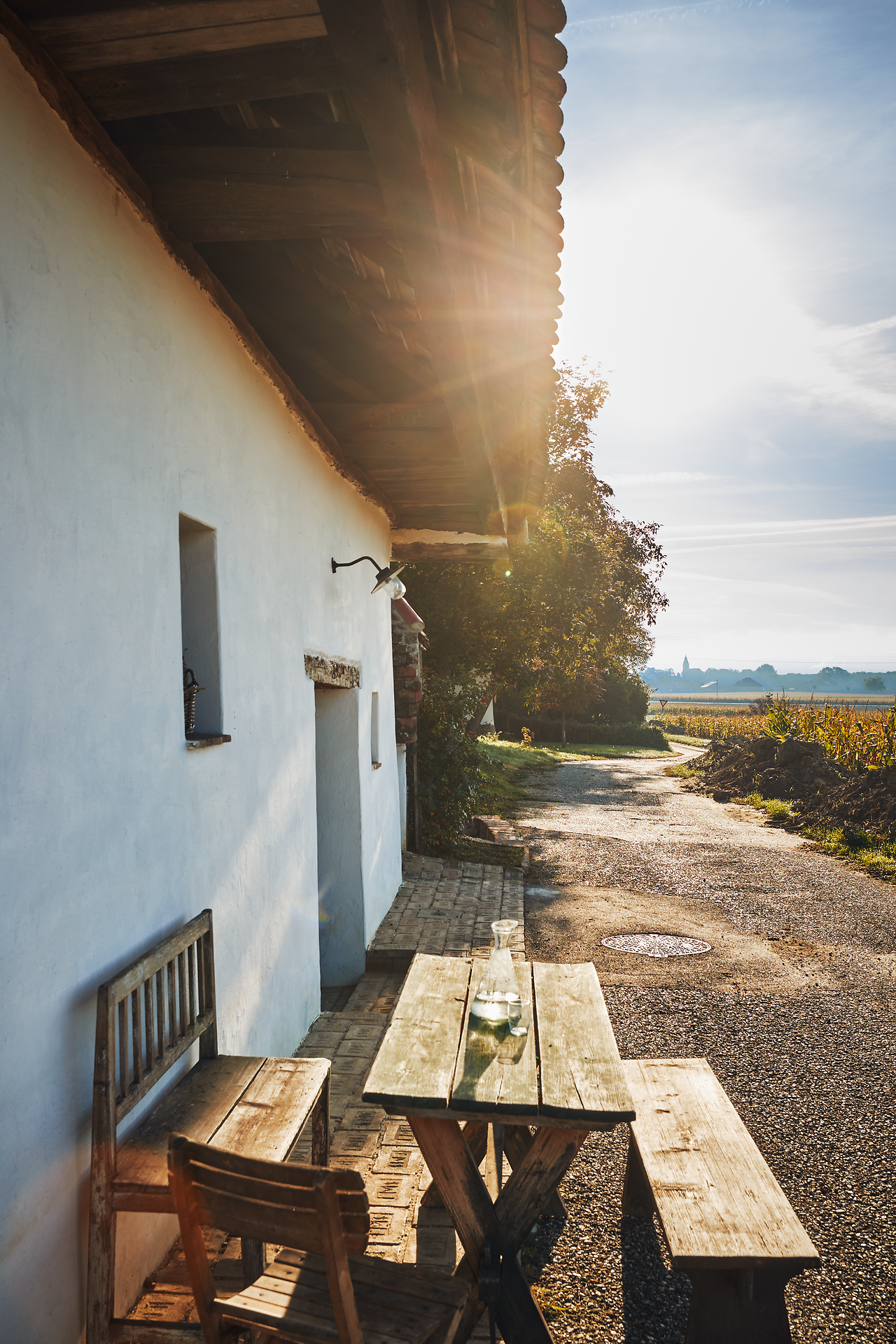 In der sanften Abendsonne lädt die rustikale Holzbank vor dem charmanten Gebäude dazu ein, die Seele baumeln zu lassen. Der Weg schlängelt sich durch die malerische Landschaft, während die Weinreben in der Ferne sanft im Wind wiegen. Hier, wo Tradition und Natur harmonisch verschmelzen, wird jeder Moment zum Genuss.