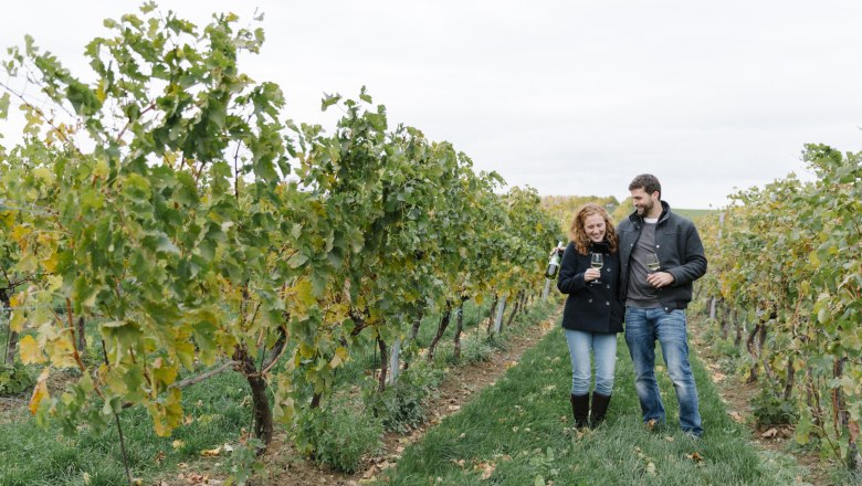 A couple walks through a vineyard with wine glasses.