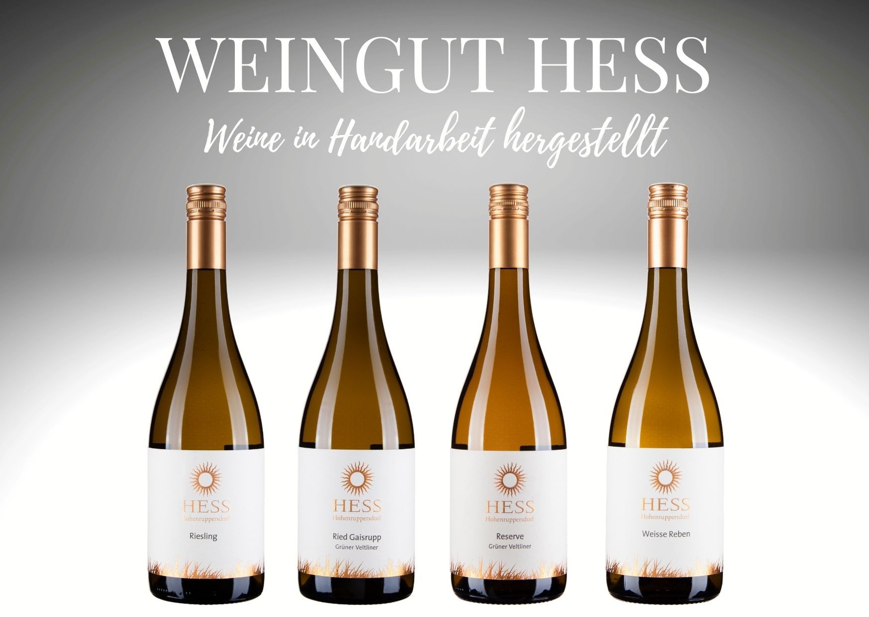 Vier Weinflaschen vom Weingut Hess vor grauem Hintergrund.