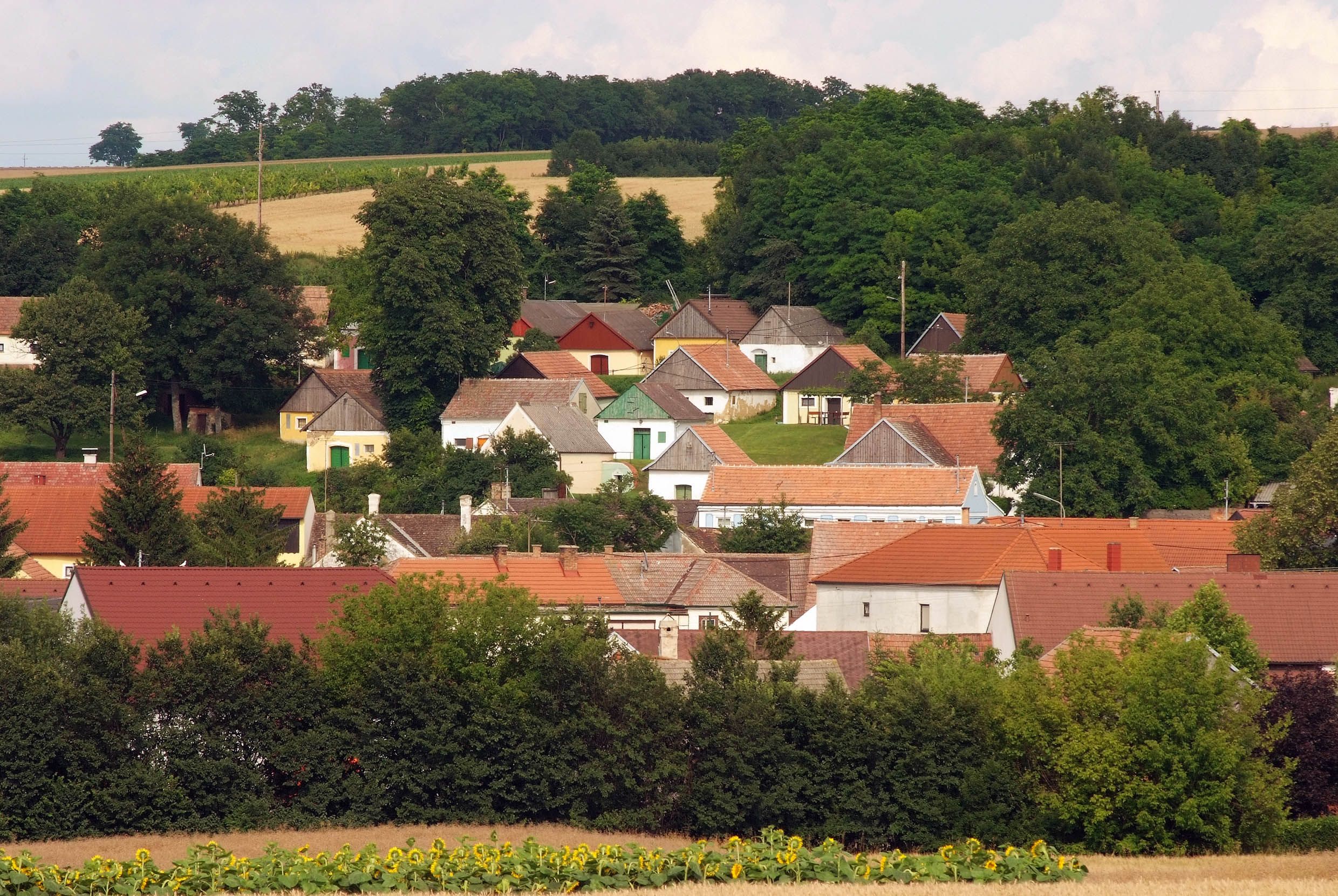 Blick auf ein Dorf mit bunten Häusern und grüner Landschaft im Hintergrund.