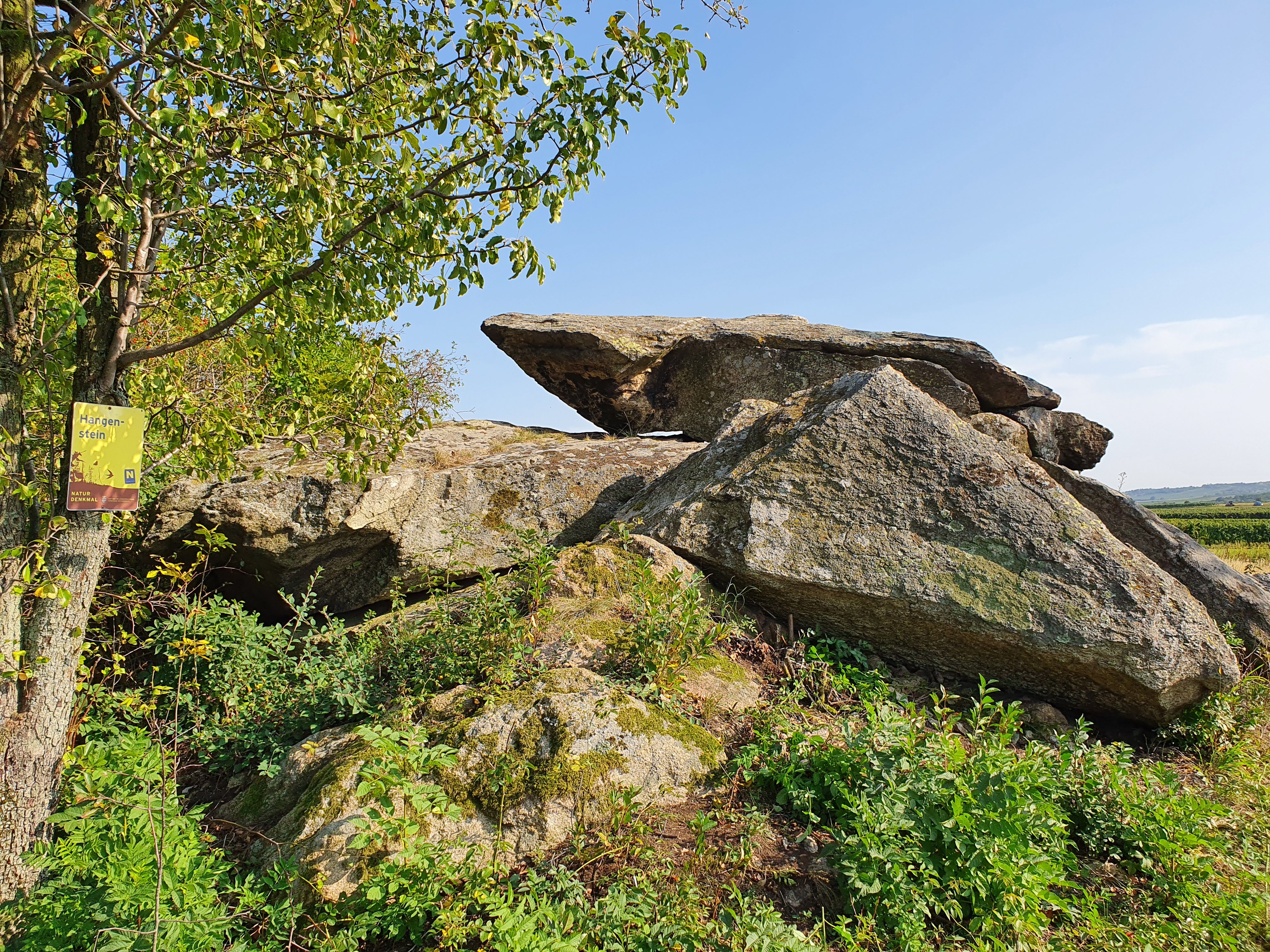 Große Felsformation mit Baum und Schild im Vordergrund, blauer Himmel im Hintergrund.