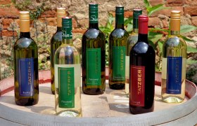 Verschiedene Tatzber Weinflaschen auf einem Fass im Freien.